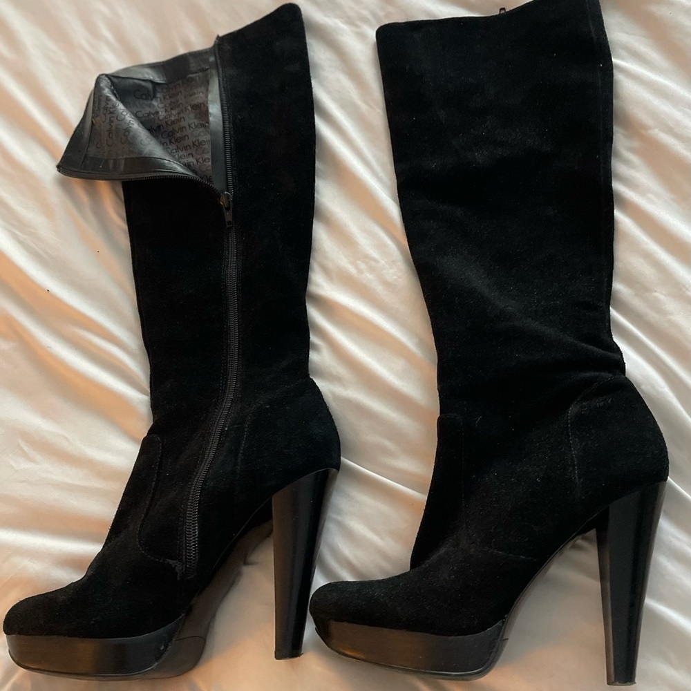 Calvin Klein black suede boots. 7 1/2 M Platform 4 inch heelswith side zipper.